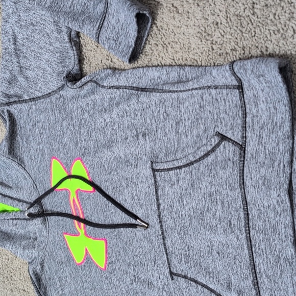 Under Armour Sweatshirt Heathered Gray Dri Fit Hoodie  Neon Green Logo Cold Gear - Picture 4 of 12